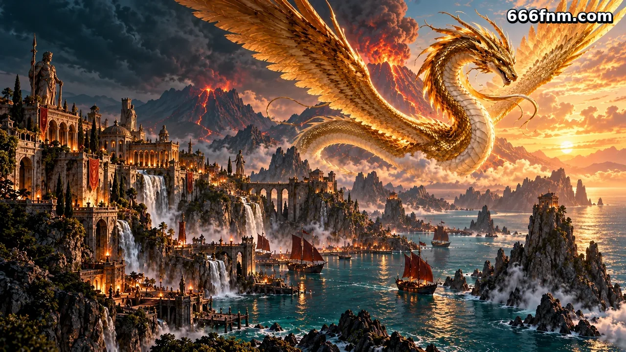 666f — Naga emas terbang di atas pelabuhan fantasi